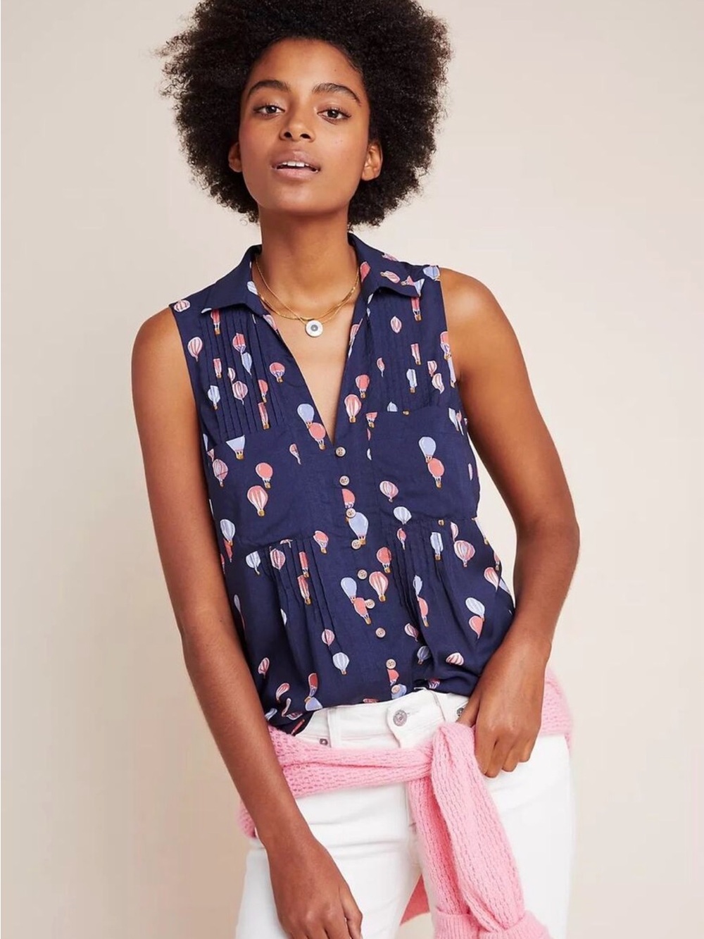 Maeve by Anthropologie Navy Hot Air Balloon Print Blouse Small